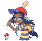  1boy 1girl absurdres adult ape_(company) artist_request backpack bag baseball_cap black_hair blue_eyes blue_hair cosplay creatures_(company) dark_skin earrings game_freak gym_leader hal_laboratory_inc. hat highres jewelry kid long_hair looking_at_viewer mother_(game) mother_2 multicolored_hair ness ness_(cosplay) nintendo olm_digital pokemon pokemon_(game) pokemon_swsh rurina_(pokemon) shirt short_hair simple_background sora_(company) super_smash_bros. super_smash_bros._ultimate 