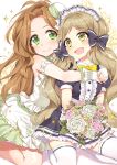  2girls :d bare_shoulders black_dress blush bouquet bow bridal_gauntlets brown_eyes brown_hair center_frills chobi_(penguin_paradise) closed_mouth commentary_request dress floral_background flower frilled_skirt frills green_eyes handa_roko highres holding holding_bouquet hug hug_from_behind idolmaster idolmaster_million_live! long_hair maid_headdress multiple_girls nikaidou_chizuru open_mouth pink_flower pink_rose puffy_short_sleeves puffy_sleeves rose seiza short_sleeves sitting skirt smile sparkle thigh-highs very_long_hair white_background white_bow white_dress white_flower white_legwear white_rose yellow_bow 