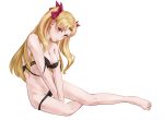 barefoot black_bra black_panties blush bra breasts commentary commentary_request ereshkigal_(fate/grand_order) fate/grand_order fate_(series) hair_ribbon highres long_hair panties red_eyes ribbon simple_background solo twintails underwear white_background 