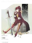  absurdres anna_(fire_emblem) bangs belt boots bridal_gauntlets cape character_name fingernails fire_emblem fire_emblem:_kakusei full_body gold_coin hand_up highres knee_boots kozaki_yuusuke lips long_hair long_sleeves looking_at_viewer official_art one_eye_closed page_number pants ponytail red_eyes red_pants redhead sack simple_background sitting smile solo sword tied_hair weapon 