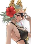  1girl black_swimsuit breasts bubble_tea bubble_tea_challenge cup dark_skin deekei drinking drinking_straw earrings fire_emblem fire_emblem_heroes flower from_side gradient_hair green_hair hair_flower hair_ornament highres jewelry laegjarn_(fire_emblem_heroes) multicolored_hair orange_hair red_eyes short_hair sideboob simple_background solo sunglasses swimsuit upper_body white_background 