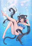  1girl ;d absurdres ahoge air_bubble animal_ear_fluff animal_ears ass bangs bare_arms bare_legs bare_shoulders barefoot bikini black_hair blue_bikini blue_eyes bow breasts bubble cat_ears cat_girl cat_tail commentary commission day english_commentary eyebrows_visible_through_hair fingernails full_body gin2 hair_bow hands_up highres index_finger_raised knee_up leg_up long_hair medium_breasts one_eye_closed open_mouth original outdoors red_bow round_teeth smile soles solo striped striped_bikini_bottom swimsuit tail teeth twintails under_boob underwater upper_teeth very_long_hair water 