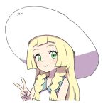  1girl blonde_hair braid closed_mouth gazacy_(dai) green_eyes hat highres lillie_(pokemon) long_hair pokemon pokemon_(game) pokemon_sm simple_background sleeveless smile solo sun_hat twin_braids upper_body v white_background white_headwear 