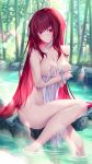1girl bangs bare_arms bare_legs bathing blush embarrassed fate/grand_order fate_(series) female_only highres kousaki_rui naked_towel no_bra no_panties no_underwear scathach_(fate)_(all) scathach_(fate/grand_order) steam towel white_towel