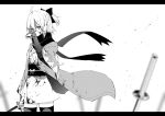  1girl absurdres ahoge blood blood_on_face bloody_clothes bow fate/grand_order fate_(series) greyscale hair_bow haori highres holding holding_sword holding_weapon japanese_clothes katana letterboxed monochrome okita_souji_(fate) okita_souji_(fate)_(all) planted_weapon scarf sword thigh-highs tsukamoto_minori weapon wiping_face 