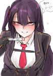  1girl 2poet bangs black_gloves blush eyebrows_visible_through_hair girls_frontline gloves grin heart korean_text long_hair looking_at_viewer necktie pregnancy_test purple_hair red_eyes side_ponytail simple_background smile solo translation_request uniform wa2000_(girls_frontline) white_background 