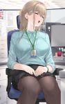  1girl blush breasts chair closed_eyes computer cubicle drooling half_updo highres keyboard_(computer) kfr monitor office office_lady open_mouth original sitting sleeping solo teeth 