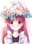 1girl bangs commentary_request flower flower_on_head highres kemurikusa long_hair looking_at_viewer red_eyes redhead rina_(kemurikusa) simple_background smile solo straight_hair usapenpen2019 wreath 