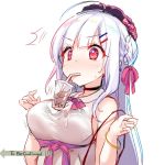  /\/\/\ 1girl ahoge azur_lane blush bracelet breasts bubble_tea bubble_tea_challenge casual cup cygnet_(azur_lane) disposable_cup drinking_straw drinking_straw_in_mouth grey_hair hat hecha_(swy1996228) jewelry large_breasts red_eyes see-through shirt sweat upper_body wet wet_clothes wet_shirt 