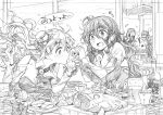  5girls absurdres akagi_(kantai_collection) alcohol bangs blush bottle breasts drink drinking eating fish food graphite_(medium) greyscale hat highres holding holding_bottle holding_food indoors jun&#039;you_(kantai_collection) kaga_(kantai_collection) kantai_collection kebab kojima_takeshi long_hair monochrome multiple_girls open_mouth pola_(kantai_collection) pouring sushi table traditional_media translation_request wavy_mouth zara_(kantai_collection) 