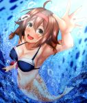  ahoge armpits bare_arms bare_shoulders bikini_top breasts brown_eyes brown_hair bubble collarbone fish_tail hair_ornament hairband hands_up kantai_collection large_breasts looking_up mermaid monster_girl monsterification open_mouth shiratsuyu_(kantai_collection) swimsuit tail tan underwear zanntetu 