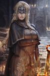  1girl blindfold blonde_hair breasts cape cloak covered_eyes covering covering_breasts dark_souls_iii fire_keeper highres lips long_hair mask sciamano240 solo souls_(from_software) standing upper_body 