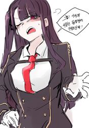  1girl 2poet ;o bangs blush breasts eyebrows_visible_through_hair girls_frontline gloves hand_on_hip korean_text long_hair looking_at_viewer necktie one_eye_closed purple_hair side_ponytail simple_background solo sweatdrop teeth translated wa2000_(girls_frontline) white_background white_gloves 