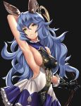  1girl animal_ears armpits backless_outfit bare_back belt black_gloves blue_hair blue_skirt breasts brown_eyes brown_gloves earrings erune ferry_(granblue_fantasy) gloves granblue_fantasy highres hoop_earrings jewelry long_hair looking_at_viewer loose_belt rabbit_ears sideboob simple_background single_earring skirt small_breasts solo takanashi-a wavy_hair whip yellow_eyes 