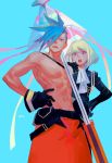  2boys black_gloves black_jacket blonde_hair blue_eyes blue_hair chest cravat galo_thymos gloves hand_on_another&#039;s_shoulder hand_on_hip highres jacket lio_fotia male_focus multiple_boys open_mouth pofu31 polearm promare shirtless spear spiky_hair violet_eyes weapon 