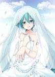  1girl blue_eyes blue_hair blue_nails blush bridal_veil bride clouds collarbone day dress eyebrows_visible_through_hair floating_hair frilled_dress frills hair_between_eyes happy_tears hatsune_miku head_tilt jewelry long_hair looking_at_viewer nail_polish outdoors petals ring see-through sleeveless sleeveless_dress solo strapless strapless_dress sudachi_(calendar) tattoo tears veil very_long_hair vocaloid wedding_band wedding_dress white_dress 