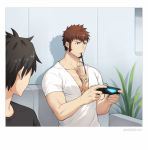 1boy 47_(479992103) beard blue_eyes brown_hair bubble_tea_challenge chest commentary_request controller cup drinking_straw facial_hair fate/grand_order fate_(series) fujimaru_ritsuka_(male) joystick looking_at_another looking_to_the_side male_focus napoleon_bonaparte_(fate/grand_order) open_clothes open_mouth pectorals scar sitting solo 