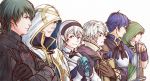  1girl 5boys armor black_hairband blue_hair book breastplate brown_gloves brown_hair byleth byleth_(male) closed_mouth crossed_arms dated dragon_girl female_my_unit_(fire_emblem_if) fire_emblem fire_emblem:_three_houses fire_emblem:_kakusei fire_emblem:_rekka_no_ken fire_emblem:_shin_monshou_no_nazo fire_emblem_heroes fire_emblem_if gloves hairband highres holding holding_book hood hood_down hood_up intelligent_systems kamui_(fire_emblem) kris_(fire_emblem) kris_(fire_emblem)_(male) long_hair long_sleeves looking_to_the_side male_my_unit_(fire_emblem:_three_houses) male_my_unit_(fire_emblem:_kakusei) multiple_boys my_unit_(fire_emblem:_three_houses) my_unit_(fire_emblem:_kakusei) my_unit_(fire_emblem:_shin_monshou_no_nazo) my_unit_(fire_emblem_if) nintendo pointy_ears red_eyes reflet short_hair simple_background smile stone summoner_(fire_emblem_heroes) super_smash_bros. tactician_(fire_emblem) tohka_sd twitter_username upper_body white_background white_hair 