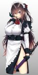  1girl black_gloves blue_eyes breasts brown_hair eyebrows_visible_through_hair gloves highres holding holding_sword holding_weapon large_breasts long_hair looking_at_viewer maid maid_headdress onineko-chan original sheath sheathed solo sword very_long_hair weapon 