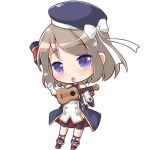  1girl azur_lane bangs bare_shoulders beret bike_shorts black_shorts black_sleeves blue_dress blush bow brown_hair chestnut_mouth chibi commentary_request detached_sleeves dress eyebrows_visible_through_hair full_body gloves guitar hair_bow hat head_tilt holding holding_instrument instrument iron_cross long_hair long_sleeves memorii_(memory_0w0) music parted_lips playing_instrument purple_headwear short_shorts shorts shorts_under_dress simple_background sleeveless sleeveless_dress solo standing striped striped_bow tilted_headwear violet_eyes white_background white_bow white_gloves z23_(azur_lane) 