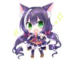  1girl :d animal_ear_fluff animal_ears bangs bare_shoulders black_hair black_legwear black_sleeves blush boots bow brown_footwear cat_ears cat_girl cat_tail chibi commentary_request detached_sleeves eyebrows_visible_through_hair fang full_body garter_straps green_eyes hair_between_eyes hair_bow hand_on_hip kyaru_(princess_connect) long_hair long_sleeves low_twintails multicolored_hair open_mouth princess_connect! princess_connect!_re:dive purple_skirt red_bow ringlets shikito shirt simple_background skirt sleeveless sleeveless_shirt smile solo sparkle standing streaked_hair tail thigh-highs twintails v-shaped_eyebrows very_long_hair white_background white_hair white_shirt wide_sleeves 