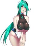  1girl bangs blush breasts chuu_sei earrings green_eyes green_hair jewelry large_breasts long_hair looking_at_viewer one-piece_swimsuit pneuma_(xenoblade) ponytail simple_background solo spoilers swept_bangs swimsuit very_long_hair xenoblade_(series) xenoblade_2 