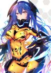  1girl blue_hair blush bodysuit breasts gloves glowing hair_between_eyes headgear highres long_hair looking_at_viewer medium_breasts phantasy_star phantasy_star_online_2 quna_(pso2) racket_ti1 skin_tight solo twintails v-shaped_eyebrows yellow_bodysuit yellow_eyes yellow_gloves zelsius 