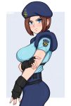  1girl afrobull artist_name ass bangs black_gloves blue_background blue_eyes blue_headwear blue_pants blush breasts brown_hair commentary eyebrows_visible_through_hair fingerless_gloves gloves hat jill_valentine large_breasts looking_at_viewer pants resident_evil short_hair short_sleeves simple_background solo 