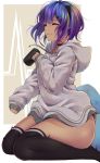  1girl alternate_costume black_legwear closed_eyes commentary_request cup dark_skin fate/grand_order fate_(series) hassan_of_serenity_(fate) highres holding holding_cup hood hood_down hoodie long_sleeves mug purple_hair seiza short_hair shunga_(shun608) sitting sleeves_past_wrists solo thigh-highs 