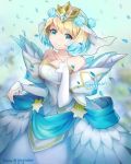  1girl bare_shoulders blonde_hair blue_eyes blue_hair closed_mouth crown dress earrings feather_trim fire_emblem fire_emblem_heroes fjorm_(fire_emblem_heroes) flower gradient_hair greyradian hair_flower hair_ornament hand_up highres jewelry long_sleeves looking_at_viewer multicolored_hair short_hair smile solo standing stefmarii twitter_username white_dress 