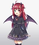  1girl :d bangs bat_hair_ornament black_capelet black_dress black_legwear blush capelet commentary_request cowboy_shot crescent crescent_hair_ornament demon_girl demon_horns demon_wings dress eyebrows_visible_through_hair fang frilled_capelet frilled_dress frills gradient gradient_background green_eyes grey_background hair_ornament heterochromia horns long_hair looking_at_viewer neck_ribbon nijisanji open_mouth red_eyes red_ribbon redhead ribbon skindentation smile solo syuurin thigh-highs two_side_up very_long_hair virtual_youtuber white_background wings yuzuki_roa 