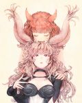  2girls animal_ears bangs breasts cat_ears choker cleavage_cutout closed_eyes facial_mark facing_viewer fangs final_fantasy final_fantasy_xiv hands_on_another&#039;s_shoulders head_on_head long_hair looking_at_viewer medium_breasts miqo&#039;te mozuku_(mozuuru0323) multiple_girls open_mouth pink_hair rabbit_ears red_eyes see-through simple_background upper_body viera whisker_markings yellow_background 