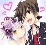  1boy 1girl animal_ears brown_eyes brown_hair cat_ears commentary_request heart high_school_dxd kaji_yuuki lowres miyama-zero seiyuu_connection smile taketatsu_ayana white_hair yellow_eyes 