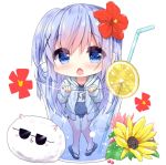  1girl angora_rabbit animal ass_visible_through_thighs bangs bendy_straw blue_eyes blue_footwear blue_hair blue_jacket blue_swimsuit blush chestnut_mouth chibi commentary_request covered_navel cup drawstring drink drinking_glass drinking_straw eyebrows_visible_through_hair flower food gochuumon_wa_usagi_desu_ka? hair_between_eyes hair_flower hair_ornament hood hood_down hooded_jacket ice_cream in_container in_cup jacket kafuu_chino kouda_suzu long_hair long_sleeves looking_at_viewer minigirl name_tag old_school_swimsuit one-piece_swimsuit open_clothes open_jacket open_mouth rabbit red_flower sandals school_swimsuit sleeves_past_wrists sunglasses swimsuit swimsuit_under_clothes tippy_(gochiusa) very_long_hair white_background x_hair_ornament yellow_flower 