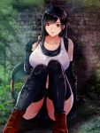  1girl against_wall arm_support bike_shorts black_hair black_legwear breasts collarbone elbow_gloves final_fantasy final_fantasy_vii final_fantasy_vii_remake gloves highres knees_together_feet_apart large_breasts long_hair looking_at_viewer low-tied_long_hair red_eyes red_footwear shade shorts shorts_under_skirt sitting smile sports_bra suspenders suuitchi tank_top thigh-highs tifa_lockhart wall 