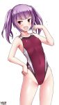  1girl alice_gear_aegis artist_name bangs blush breasts collarbone competition_swimsuit covered_navel cowboy_shot dated embarrassed eyebrows_visible_through_hair hair_between_eyes hand_on_hip highres ichijou_ayaka long_hair looking_at_viewer one-piece_swimsuit open_mouth purple_hair red_swimsuit simple_background small_breasts smile solo standing sweatdrop swimsuit tsuchimiya twintails violet_eyes white_background 