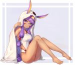  1girl animal_ears ass bare_legs bare_shoulders barefoot blanket breasts closed_mouth competition_swimsuit dark_skin facial_mark fate/grand_order fate_(series) feet full_body highres knees_up large_breasts long_hair looking_at_viewer mishuo_(misuo69421) nitocris_(fate/grand_order) one-piece_swimsuit purple_hair sitting solo swimsuit thighs toes very_long_hair violet_eyes white_swimsuit 