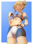  1girl artist_name bangs bare_arms bare_shoulders blonde_hair blue_background blue_shorts blunt_bangs boku_no_hero_academia breasts commentary double_bun fangs from_below grin highres looking_at_viewer messy_hair navel nickniceth number poke_ball pokemon pokemon_(game) pokemon_swsh rurina_(pokemon) shorts simple_background small_breasts smile solo toga_himiko white_background white_shorts yellow_eyes 