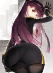  1girl arm_up ass bangs blush breasts closed_mouth commentary dress dutch_angle eyebrows_visible_through_hair from_behind girls_frontline gloves hand_on_own_ass highres long_hair long_sleeves looking_at_viewer looking_back medium_breasts nakamura_takeshi panties panties_under_pantyhose pantyhose pantylines purple_hair shiny shiny_hair short_dress simple_background solo thighs tied_hair underwear violet_eyes wa2000_(girls_frontline) 
