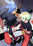  2boys blue_hair earrings eating food galo_thymos green_hair headphones jewelry lio_fotia male_focus mouse multiple_boys nigorokke open_mouth pants pizza promare shirt sitting spiky_hair t-shirt vinny_(promare) violet_eyes 