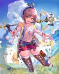  1girl atelier_(series) atelier_ryza belt beret blue_belt breasts brown_eyes brown_hair clouds cloudy_sky drawstring field gloves grass hair_ornament hairclip hat highres holding holding_staff jewelry looking_at_viewer necklace ogimotozukin open_mouth red_shorts reisalin_stout round-bottom_flask short_shorts shorts skindentation sky smile solo staff standing star star_necklace thigh-highs thighs vial 