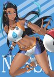  1girl aori_sora arm_strap armpits bare_shoulders beads bike_shorts blue_background blue_eyes blue_hair breast_hold breasts close-up commentary cropped_legs dark_skin earrings gloves hoop_earrings jewelry medium_breasts midriff navel necklace open_mouth poke_ball pokemon pokemon_(game) pokemon_swsh rurina_(pokemon) short_shorts shorts simple_background solo_focus stomach two-tone_background wristband 
