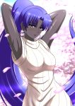  1girl arms_behind_head assassin_(fate/zero) blue_hair blush breasts cherry_blossoms commentary_request dark_skin dress earrings fate/grand_order fate_(series) female_assassin_(fate/zero) grey_eyes grey_skin hoop_earrings jewelry large_breasts long_hair looking_at_viewer petals pixiv_fate/grand_order_contest_2 ponytail ribbed_dress ribbed_sweater sleeveless sleeveless_dress sleeveless_sweater solo soranitoriga sweater sweater_dress very_long_hair white_dress white_sweater 