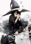  1girl black_hair book cape dice green_eyes hands_clasped hands_up hat looking_at_viewer looking_up nimirom_(6403aghm) original own_hands_together pentagram short_hair sitting solo wariza witch witch_hat 