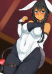  1girl animal_ears black_hair black_legwear blue_eyes blush bodysuit breasts bunny_girl bunnysuit closed_mouth collar collarbone dark_skin eyebrows_visible_through_hair hair_bobbles hair_ornament highres indoors large_breasts long_hair looking_at_viewer original pantyhose rabbit_ears solo tan very_long_hair yuzu_lemon 