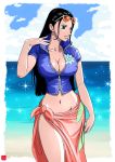  1girl absurdres beach black_hair blue_eyes blue_jacket breasts chris_re5 collarbone cowboy_shot day eyewear_on_head groin highres jacket large_breasts long_hair looking_to_the_side midriff navel nico_robin one_piece open_clothes open_jacket orange-tinted_eyewear outdoors parted_lips partially_unzipped sarong shiny shiny_skin short_sleeves solo sparkle standing stomach straight_hair sunglasses very_long_hair white-framed_eyewear 