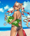  1girl alba ass backless_outfit beach bikini black_bikini black_swimsuit breasts butt_crack dark_skin expressionless fire_emblem fire_emblem_heroes flower gradient_hair hair_flower hair_ornament highres holding_surfboard laevateinn_(fire_emblem_heroes) long_hair looking_at_viewer looking_back multicolored_hair ocean pink_hair red_eyes sideboob small_breasts solo surfboard swimsuit twintails very_long_hair 