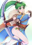  1girl bare_hips blue_dress bow_(weapon) brown_gloves dress earrings elbow_gloves feathers fingerless_gloves fire_emblem floating_hair gloves green_eyes green_hair hair_feathers highres holding holding_bow_(weapon) holding_weapon jewelry long_hair looking_at_viewer lyndis_(fire_emblem) open_mouth phiphi-au-thon running side_slit solo twitter_username very_long_hair weapon white_background white_feathers 
