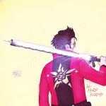  1boy artist_request black_hair denim energy_sword gloves jacket male_focus no_more_heroes short_hair simple_background solo sunglasses sword travis_touchdown weapon 