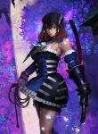  1girl black_hair bloodstained:_ritual_of_the_night blue_eyes breasts brown_hair detached_sleeves gauntlets gradient_hair hair_between_eyes hair_ornament highres horns looking_at_viewer miriam_(bloodstained) multicolored_hair pale_skin short_hair simple_background solo sosiick stained_glass sword tattoo weapon 